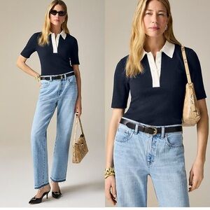 J. Crew Premium Rib Short-Sleeve Polo Shirt Top In Navy Blue & White Sz. M